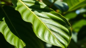 Close-up photograph of fresh dark green soursop leaves with visible leaf veins on a sunlit tropical plant, natural outdoor setting, shallow depth of field, professional botanical photography