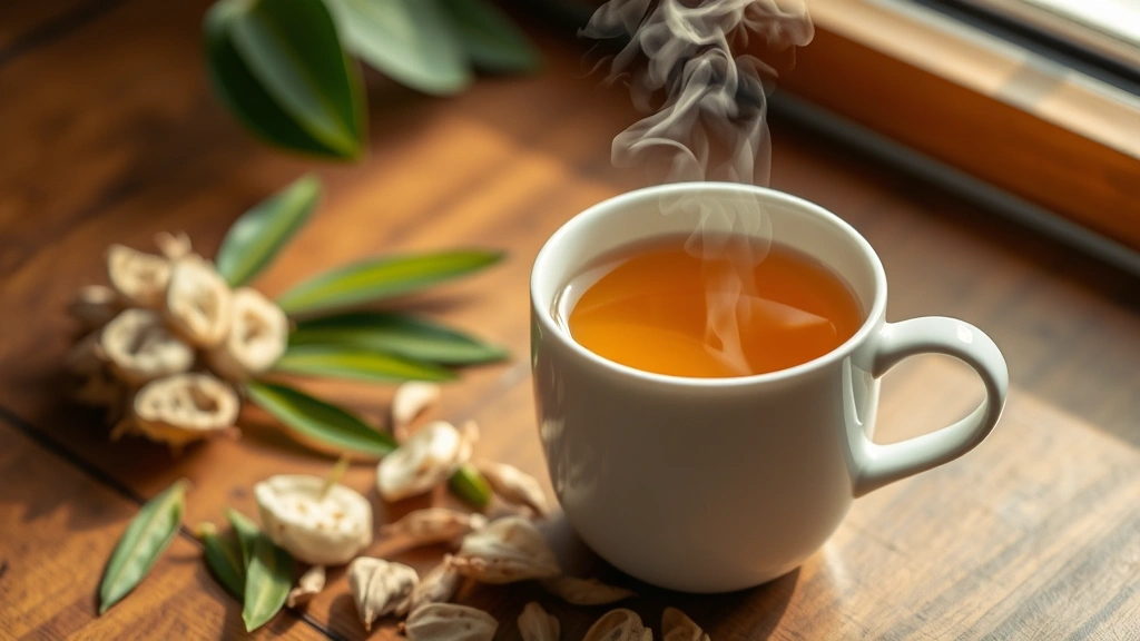 Steaming cup of soursop leaf tea in a white ceramic mug with dried soursop leaves scattered beside it on a wooden table, warm natural lighting, wellness aesthetic, no visible text or labels