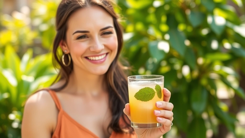 Woman in her thirties holding a glass of soursop leaf tea outdoors in a garden setting, smiling with relaxed expression, natural sunlight, embodying health and wellness benefits