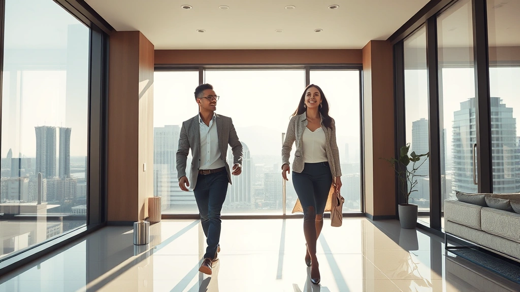 Affluent professional couple walking through a modern luxury home interior with floor-to-ceiling windows overlooking a city skyline, sunlight streaming in, conveying confidence and wealth accumulation