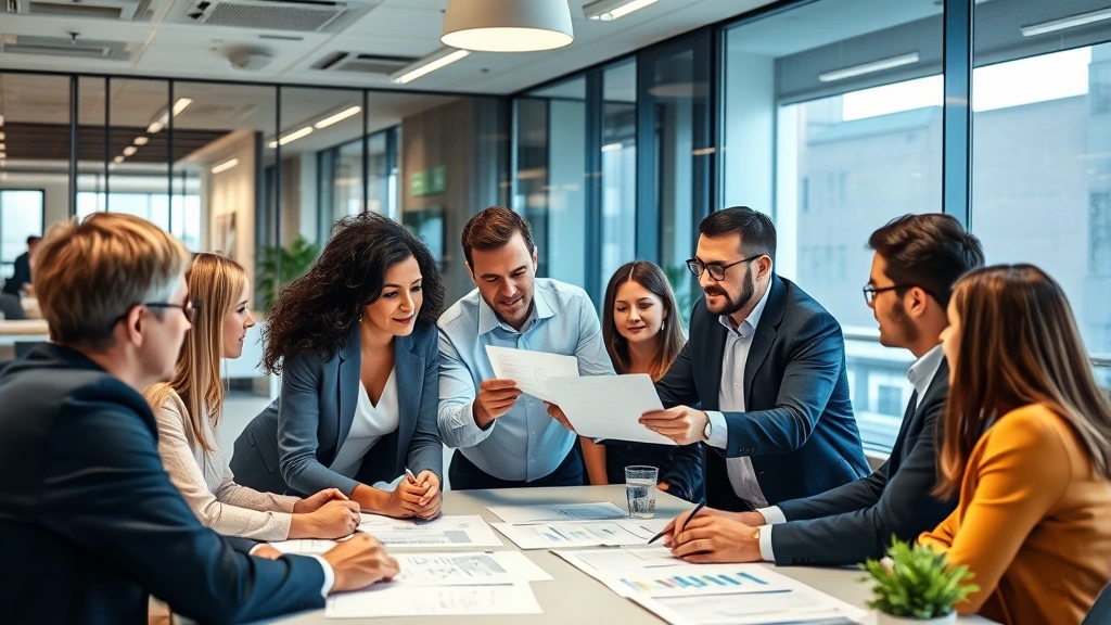 Diverse group of real estate professionals and investors in a modern office setting collaborating over market analysis, building wealth through strategic property decisions and expert guidance