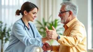 Professional female home health nurse assisting elderly male patient with mobility exercises in bright, modern home setting with natural lighting, compassionate healthcare moment