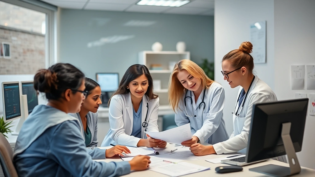Diverse team of healthcare professionals in home health agency office reviewing patient charts and care plans at collaborative workspace with medical technology visible