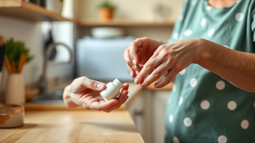 Hands of caregiver gently helping elderly woman take medication in home kitchen environment, trust and care demonstrated, warm natural lighting