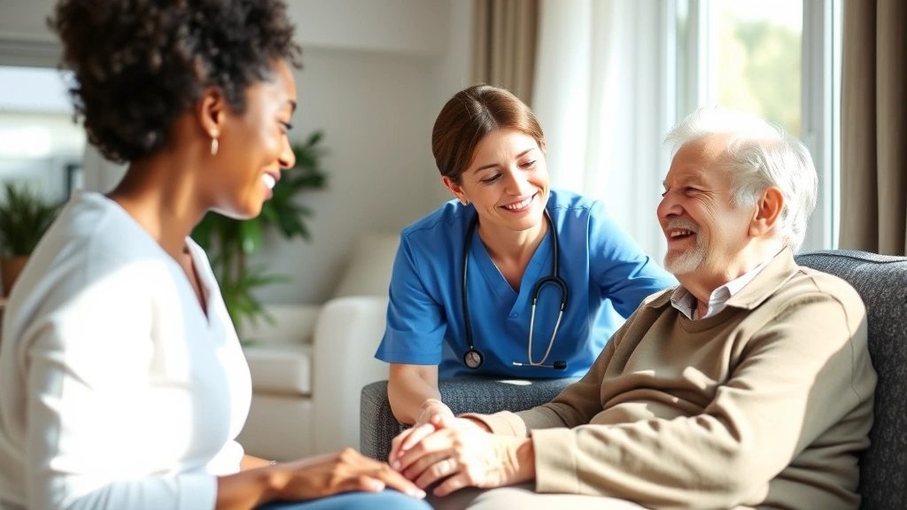 Diverse home health nurse visiting elderly patient in comfortable home setting, genuine interaction, natural lighting through windows, compassionate care moment
