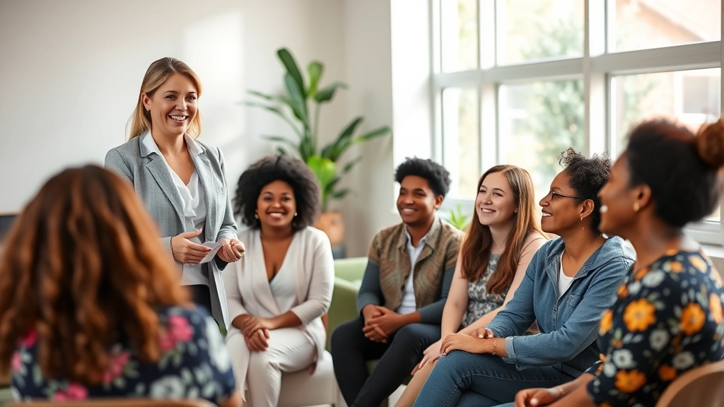 Professional woman in business attire leading a community health workshop with diverse participants engaged and smiling, modern wellness center setting, natural lighting, diverse group