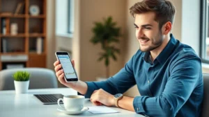 Young professional reviewing investment portfolio on smartphone, sitting at modern desk with coffee, natural sunlight, confident expression, wealth building concept