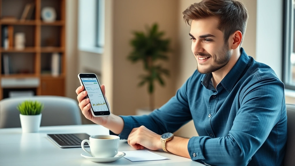 Young professional reviewing investment portfolio on smartphone, sitting at modern desk with coffee, natural sunlight, confident expression, wealth building concept