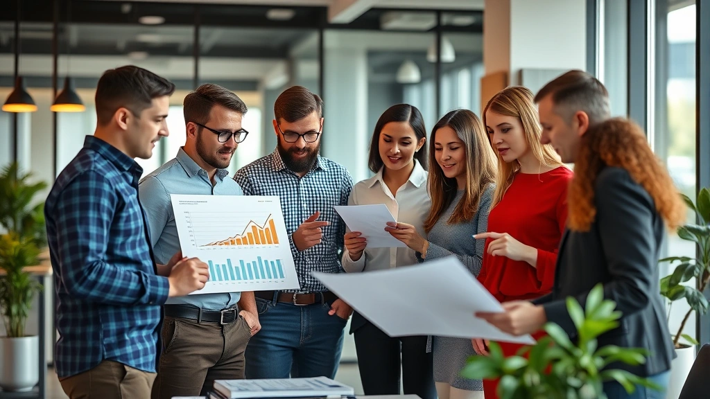 Diverse group of people reviewing financial growth charts and investment statements together in modern office setting, collaborative wealth building atmosphere