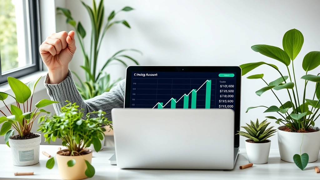 Person celebrating financial milestone while checking investment account on laptop, surrounded by plants and natural elements, prosperity and growth theme