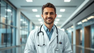 Professional healthcare worker in modern hospital setting, wearing white coat and stethoscope, confident expression, modern medical facility interior with bright lighting and contemporary architecture, photorealistic