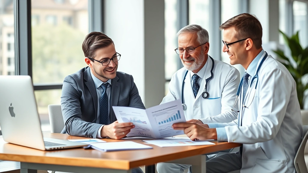 Financial advisor and healthcare professional reviewing investment portfolio together at modern office desk, charts and documents visible, professional business attire, natural lighting from large windows, photorealistic