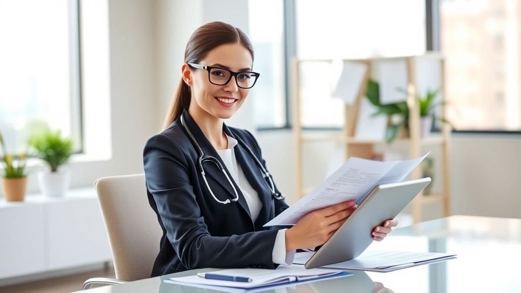 Professional woman in business attire reviewing health documents at modern office desk with stethoscope and tablet, natural lighting, confident expression, modern healthcare setting