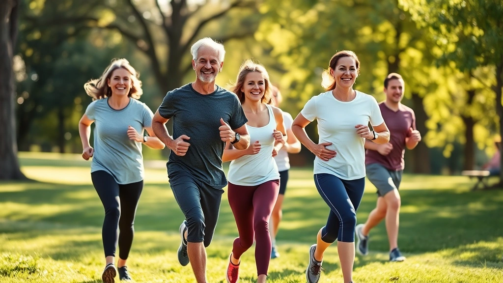 Diverse group of adults exercising outdoors in park setting, jogging and stretching, morning sunlight, healthy lifestyle, community wellness, genuine smiles