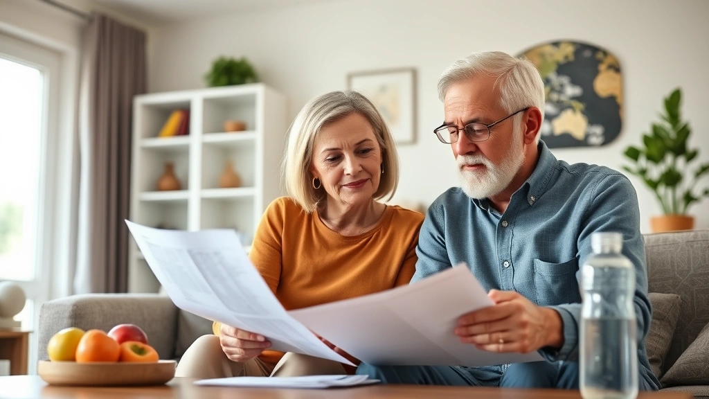 Mature couple reviewing financial documents together at home with fresh fruit and water bottle nearby, peaceful living room, planning and wellness focus, natural daylight