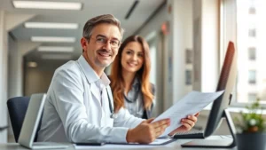 Professional healthcare worker in modern hospital setting reviewing financial documents at desk with computer, confident expression, natural lighting, wearing business casual attire