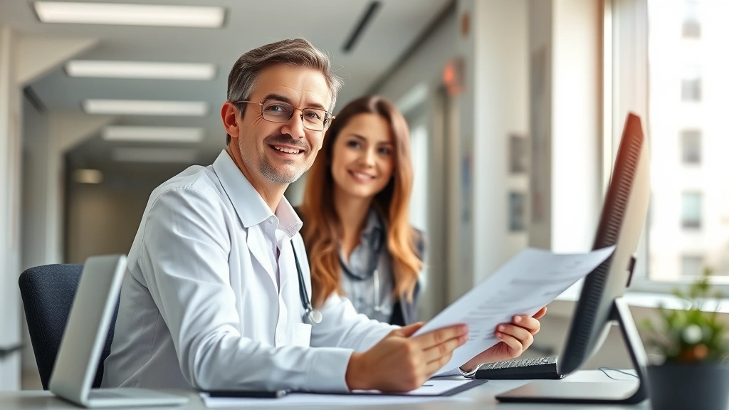 Professional healthcare worker in modern hospital setting reviewing financial documents at desk with computer, confident expression, natural lighting, wearing business casual attire