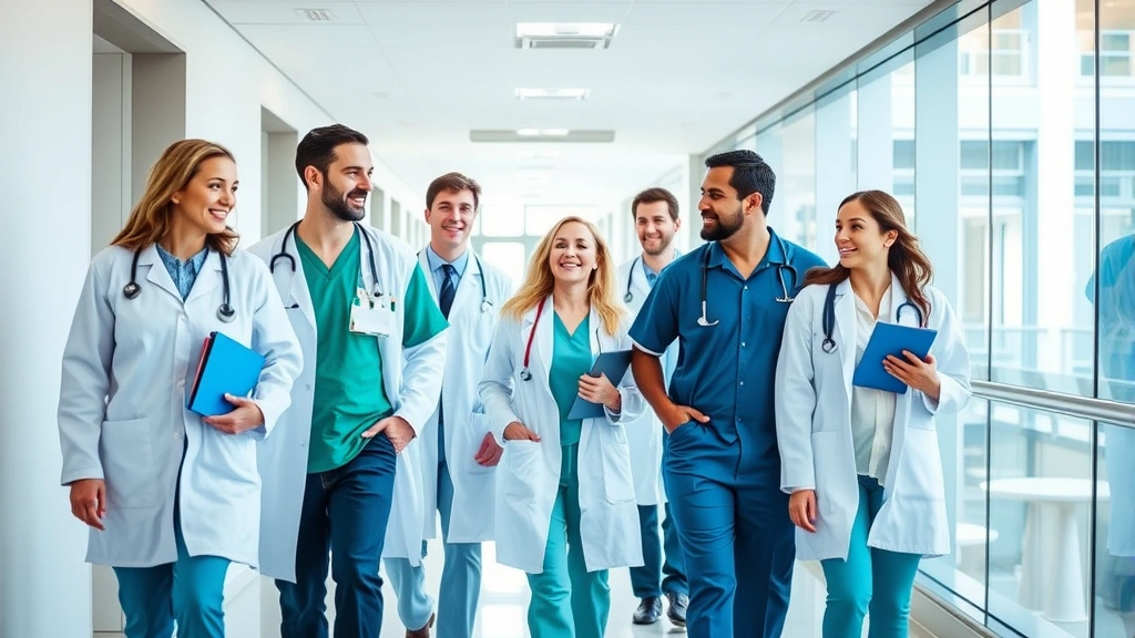 Diverse group of healthcare professionals in modern medical facility corridor walking together, smiling, collaborative environment, bright contemporary hospital architecture visible