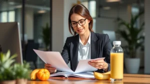 Professional woman in business attire reviewing financial documents at desk with fresh fruit smoothie and water bottle visible, natural daylight, modern office environment