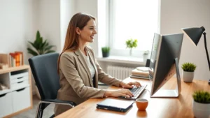 Professional woman sitting at home office desk during a video therapy session on computer screen, natural lighting through window, calm neutral background, modern workspace setup