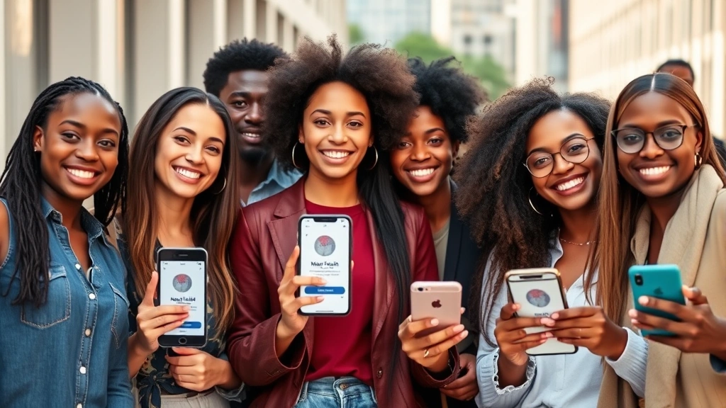 Diverse group of people representing different backgrounds holding mobile phones showing mental health app interface, bright natural light, confident expressions, modern urban setting