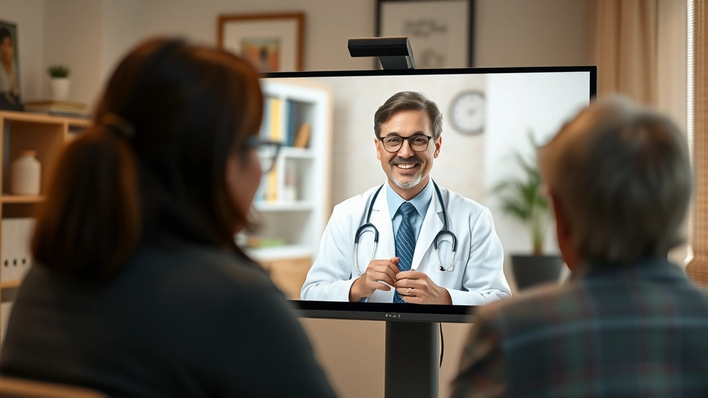 Therapist or counselor appearing on video screen speaking with patient, warm office environment, professional but approachable demeanor, digital connection illustration concept