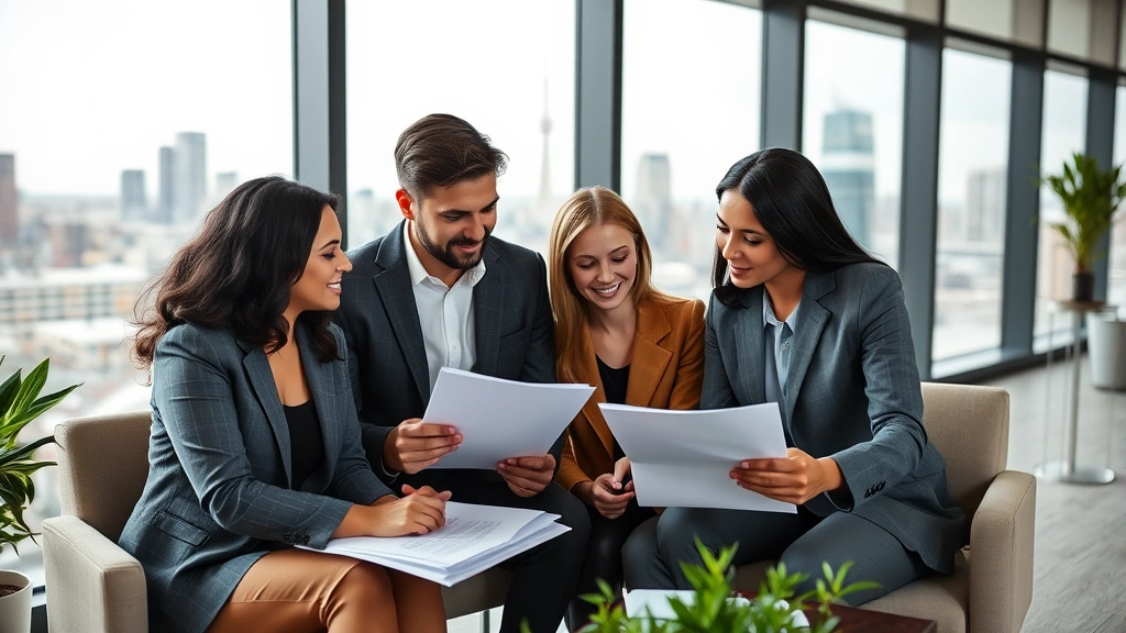 Professional financial advisor meeting with diverse young couple reviewing investment portfolio and retirement planning documents in modern office setting with large windows overlooking city skyline