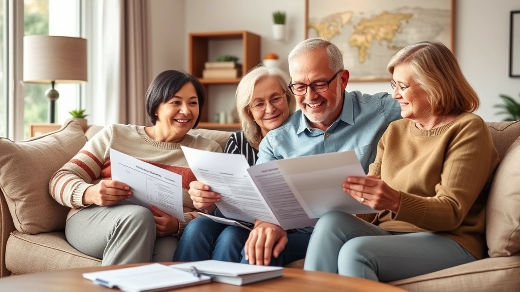 Multi-generational family sitting together in comfortable living room reviewing financial goals and retirement planning documents with warm, encouraging atmosphere showing financial security and peace of mind