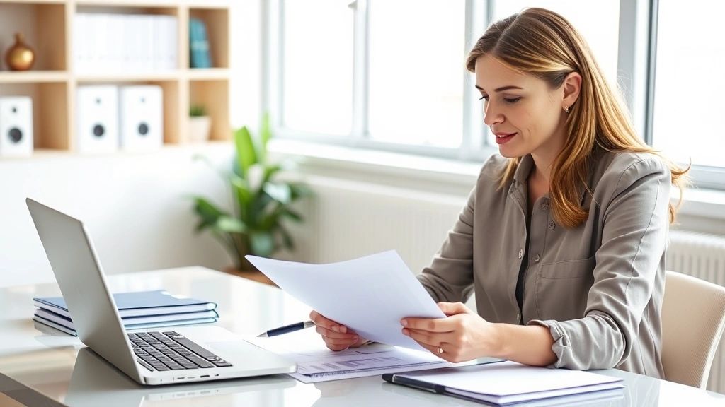 Professional woman reviewing health insurance documents at modern desk with laptop, pen, and organized files, natural lighting, focused expression, financial planning atmosphere