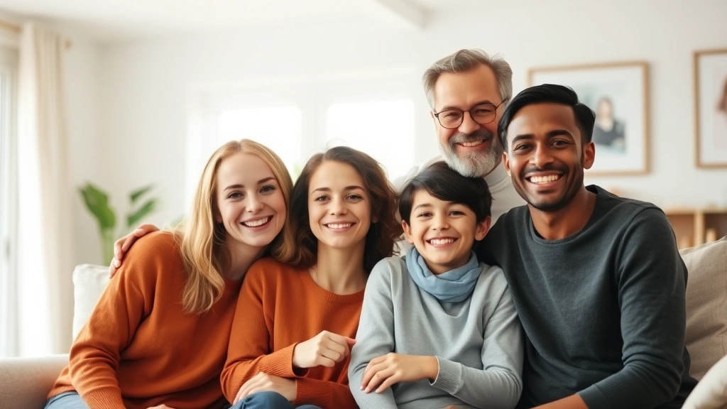 Diverse family of four smiling together in bright home living room, representing healthcare coverage security and peace of mind, warm comfortable setting