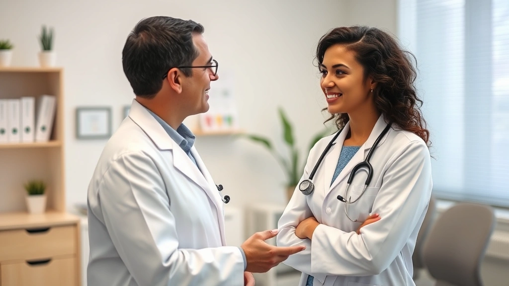 Healthcare professional in white coat consulting with patient in clinical office, demonstrating quality medical care and preventive health services, professional medical environment