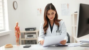 Professional female physical therapist in clinical setting wearing white coat, reviewing patient treatment plan at desk with anatomical models and medical documents visible, professional healthcare environment