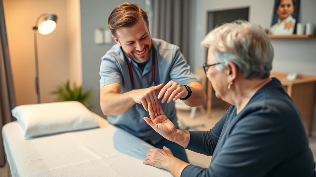 Diverse male occupational therapist helping elderly patient with hand therapy exercise using therapeutic putty at comfortable treatment table in modern rehabilitation clinic with warm lighting