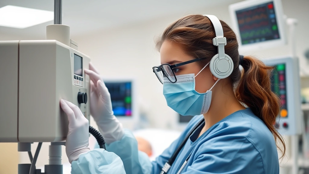 Professional female respiratory therapist adjusting patient monitoring equipment in hospital setting, wearing protective equipment, focused on patient care with medical monitors visible in background