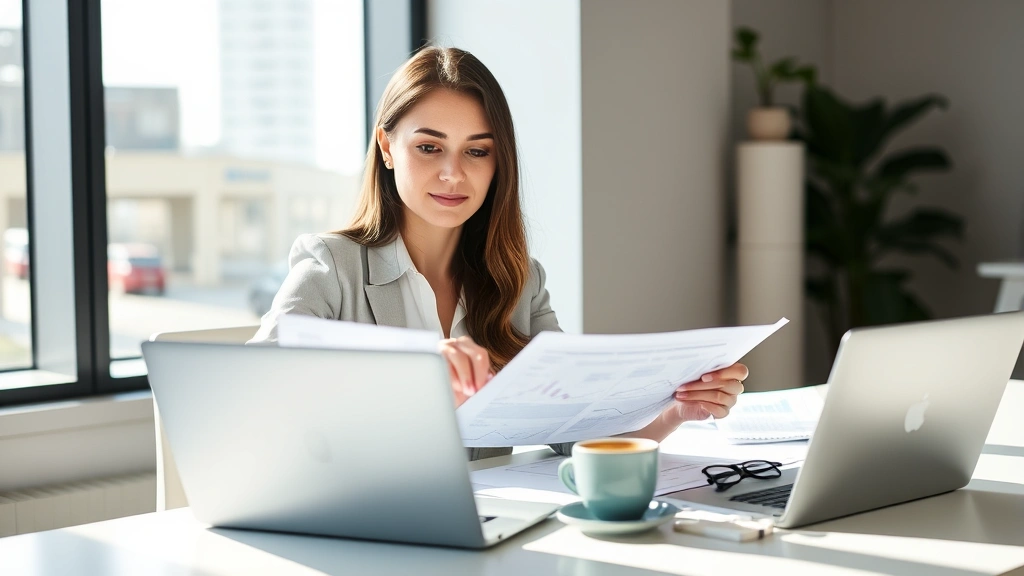 Professional woman reviewing financial documents and charts at modern desk with coffee, natural sunlight from window, calm confident expression, organized workspace with laptop and notebook
