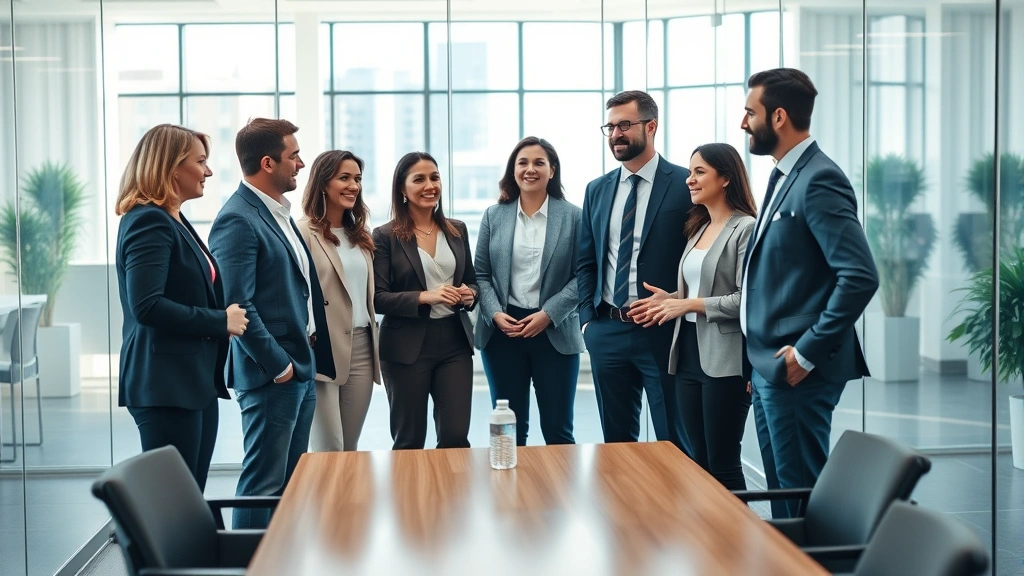 Diverse group of people in business casual attire having discussion in modern office meeting room with glass walls, natural light, collaborative positive atmosphere, financial success theme