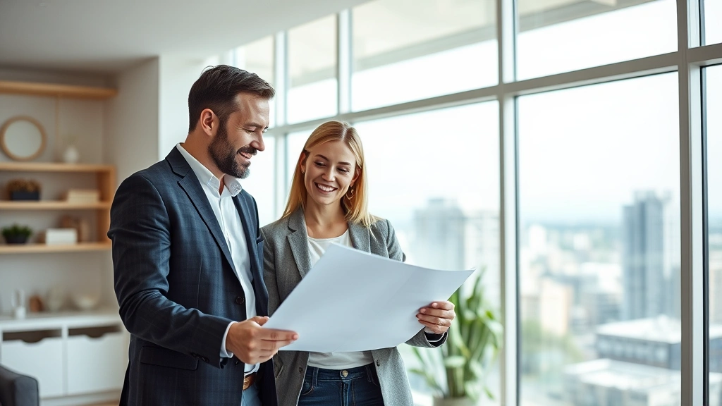 Man and woman reviewing property documents together in bright modern home, standing near large windows with city view, professional attire, real estate investment concept, genuine interaction