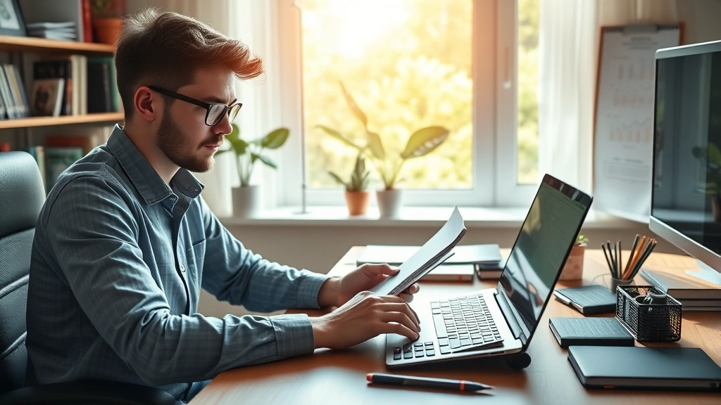 Young professional at home office working on laptop with notebook and calculator, organized desk with financial charts and growth visualization, morning sunlight through window