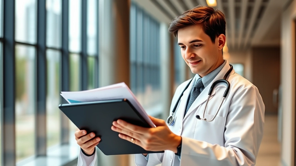 Professional healthcare worker in modern hospital environment reviewing financial documents and investment portfolio on tablet, natural lighting, confident expression, wealth management theme