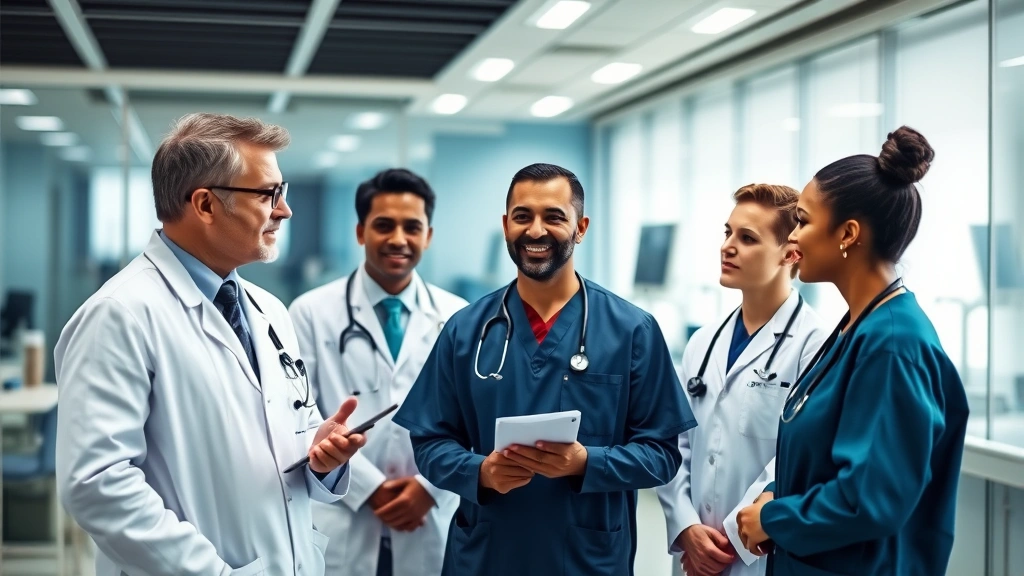 Diverse medical professionals in clinical setting discussing career advancement and financial planning, collaborative atmosphere, modern healthcare facility background, professional attire