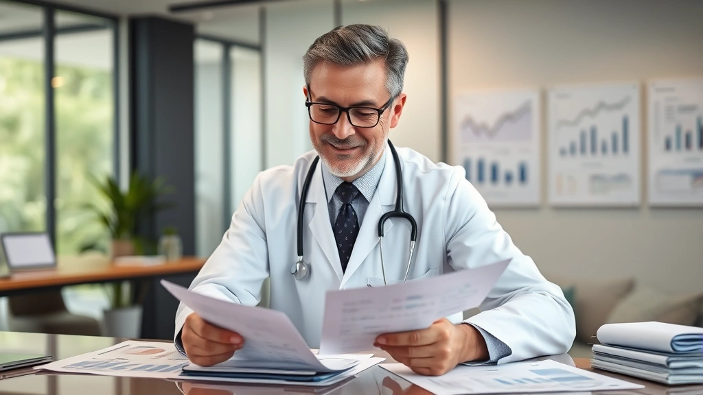 Healthcare professional reviewing retirement and investment statements at desk with charts and financial documents, modern office environment, focused and satisfied expression, wealth building progress