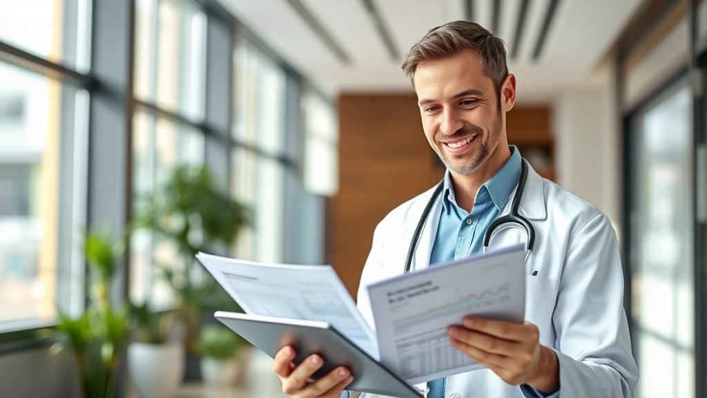 Professional healthcare worker in modern clinic setting reviewing financial documents and investment portfolio on tablet, natural lighting, confident expression, modern office background