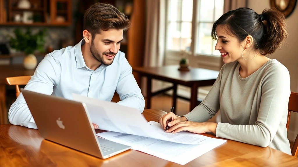 Young professional couple reviewing mortgage documents and home purchase agreement at dining table with laptop, warm home setting, collaborative planning atmosphere, natural daylight