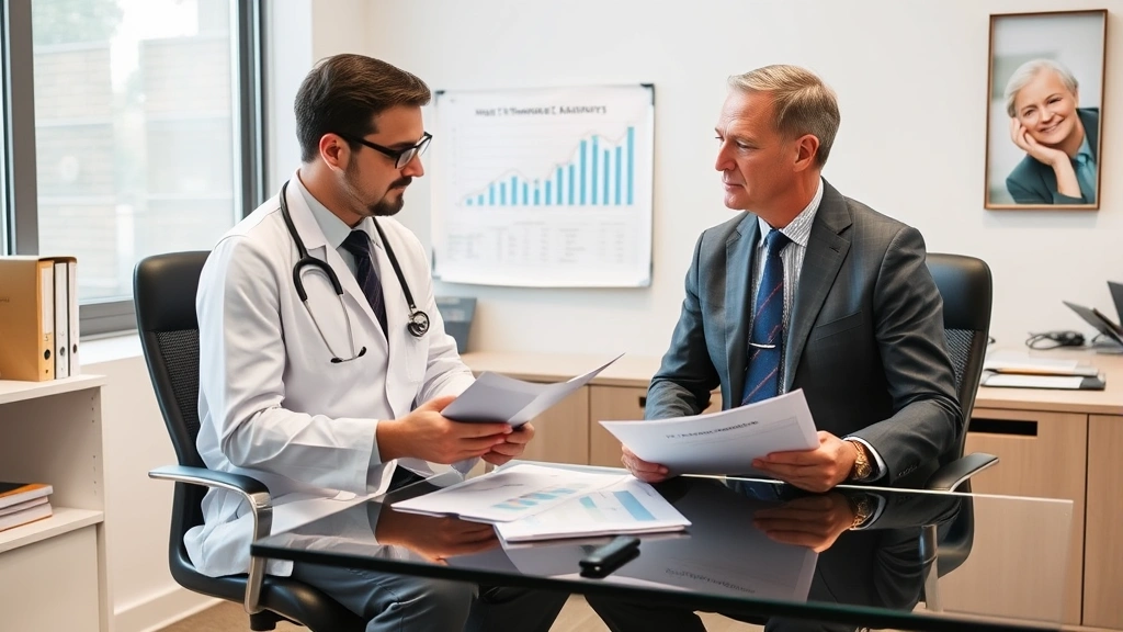 Healthcare professional meeting with financial advisor in professional office, reviewing investment portfolio charts and retirement planning documents, collaborative discussion environment