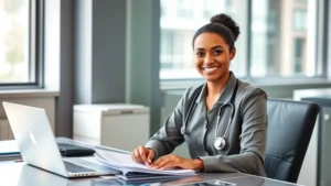 Professional healthcare worker in business casual attire sitting at desk with laptop and financial documents, natural lighting from office window, confident expression, modern workplace setting
