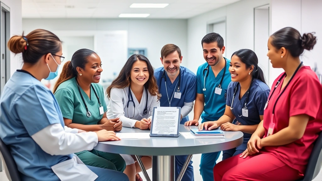 Diverse group of healthcare workers in scrubs and professional clothing gathered around table discussing finances and career growth, collaborative and positive atmosphere, modern medical facility background
