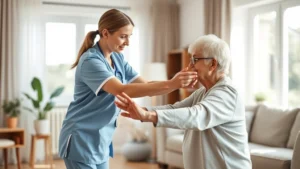 Professional home health nurse assisting elderly patient with physical therapy exercises in bright, modern living room with natural light streaming through windows, showing compassionate caregiving interaction
