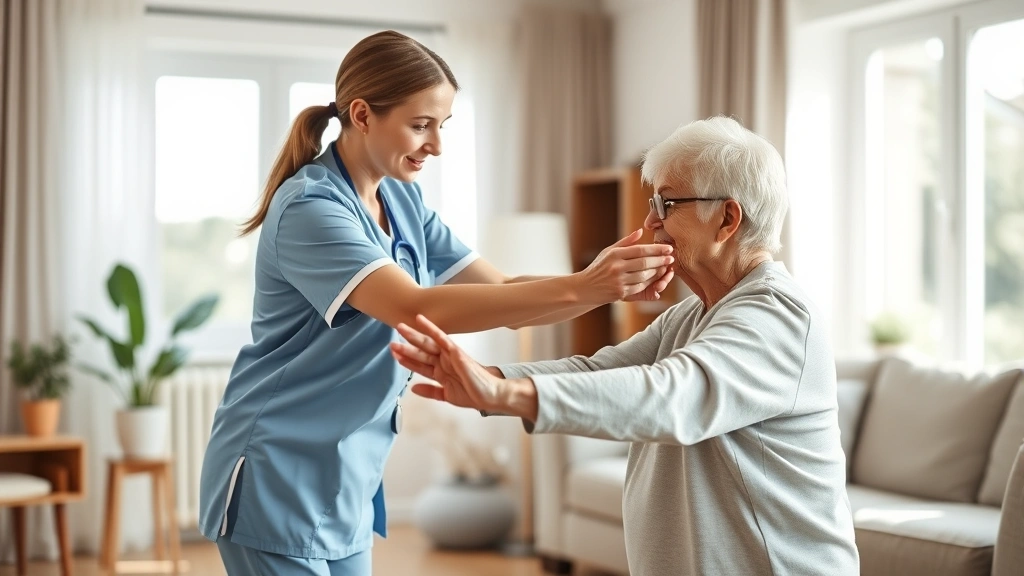 Professional home health nurse assisting elderly patient with physical therapy exercises in bright, modern living room with natural light streaming through windows, showing compassionate caregiving interaction