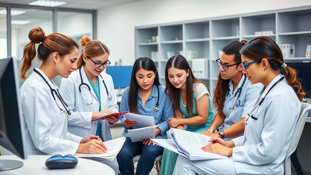 Diverse team of healthcare professionals including nurses, therapists, and administrative staff reviewing patient charts and care plans in modern clinical office setting with computers and medical equipment