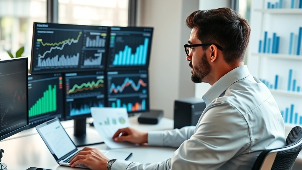 Successful healthcare entrepreneur reviewing financial reports and business metrics at desk with multiple monitors showing growth charts and operational dashboards in contemporary office environment